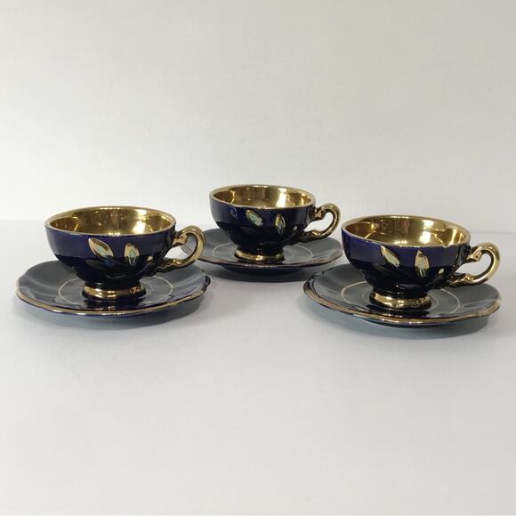 Reichenbach Geschenke Three Tea Cup Plate Set Echt Kobalt Gold Filigree Mocha - Picture 6 of 15